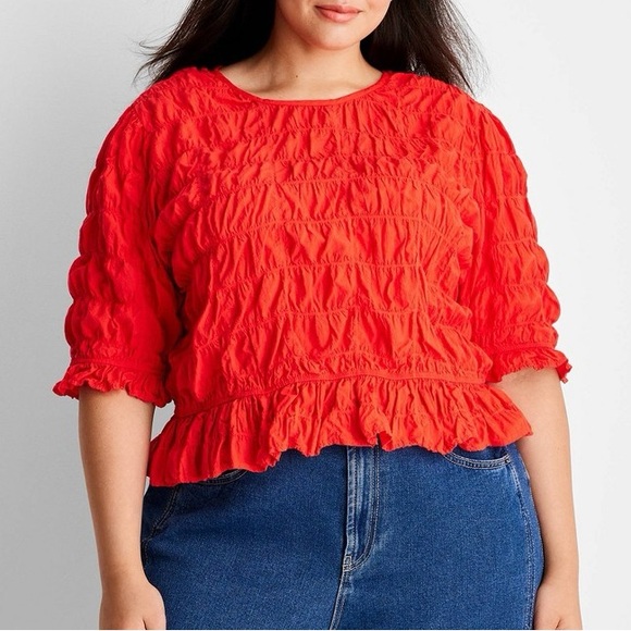 Future Collective Tops - Women's Elbow Sleeve Ruffle Textured Top - Future Collective